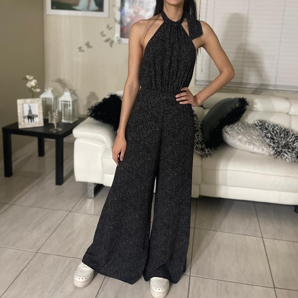 Express Black Patterned Halter Jumpsuit - image 1